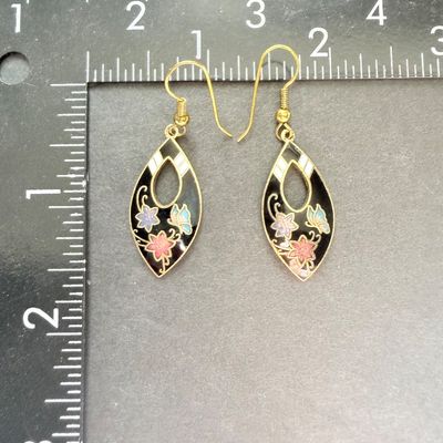 Gold tone black colorful floral dangle earrings vintage?