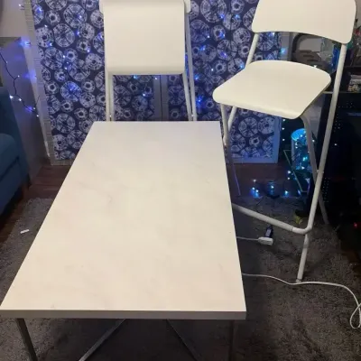 Marble-Look Coffee Table & IKEA Bar Chairs