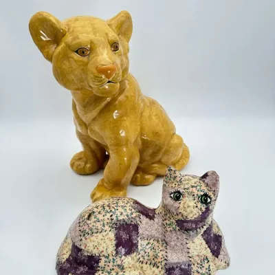 Ceramic Lion Cub Figurine, Patchwork Cat Statue