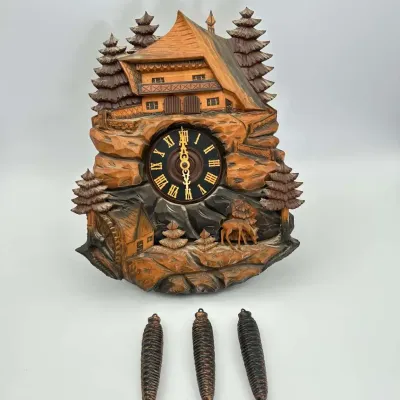 Carved Wood Cuckoo Clock Chalet 18" Pine Trees