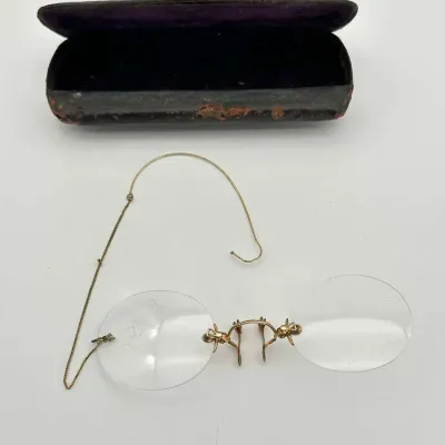 Gold Filled Pince-Nez Rimless Glasses Antique Eyeglasses Case Chain