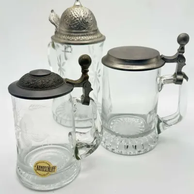 German Beer Stein Pewter Lid Crystal Glass Mug