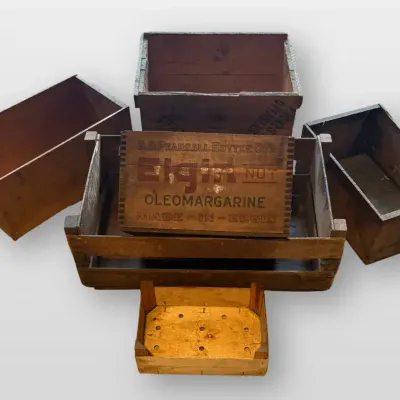 Elgin Oleomargarine Wooden Crates, White Ribbon Apple Fruit Boxes