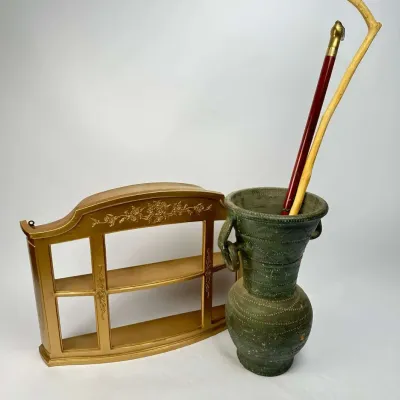 Gold Wall Shelf & Green Ceramic Vase Walking Canes