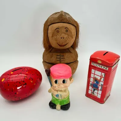Piggy Bank Set Coconut Monkey Ceramic Golf London Telephone Booth Tin