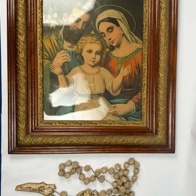 Holy Family Framed Print & Carved Wood with Rosary 