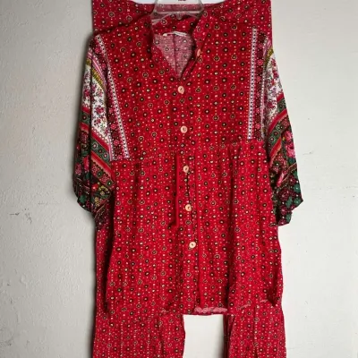 Fürstenberg Vintage Red Boho Pajama Set Floral Lounge Top Flare Pants Women's Size 10