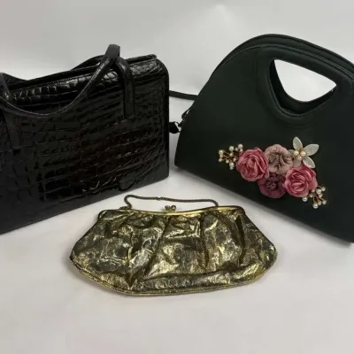 Handbag - Black Croc Embossed, Gold Metallic Clutch, Floral Purse