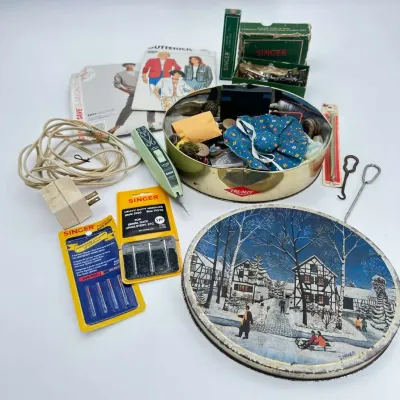 Sewing Notions Lot Singer Attachments Patterns Buttons Tin