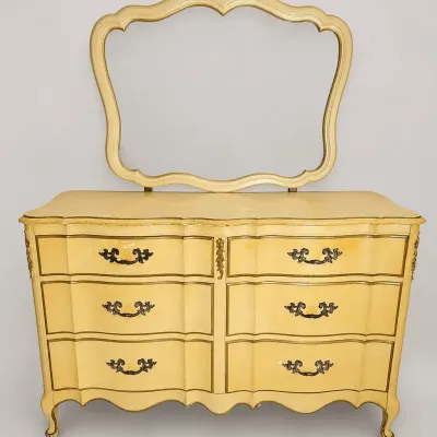 French Provincial Dresser with Mirror, 6-Drawer Cream Finish