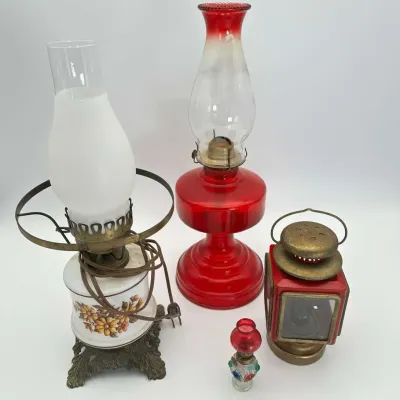 Kerosene Oil Lamps Red Glass Hurricane Lantern Electric Floral Light