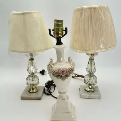 Crystal Table Lamps Marble Base Capodimonte Style Porcelain Rose Urn Lamp Set