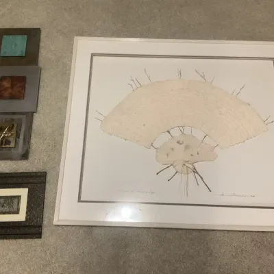 Wall Art Lot - Framed Oriental Paper Fan, Metal Squares, Wire Figurines