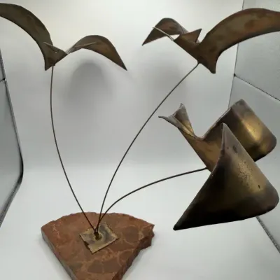 Mid-Century Style Mixed Metal Birds Sculpture on Stone Base