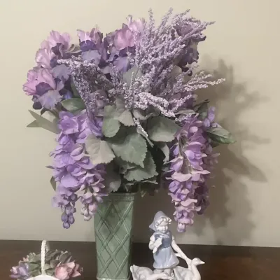 Decor Lot - Vintage German Figurine, Purple and Pink Floral Planters
