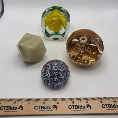 Assorted Art Glass Paperweights & Carved Onyx Geometric Desk Weight (4 Pcs)