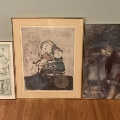 Lot of 3 Framed Wall Art Prints Depicting Women, Bicycle, Bird, Reading