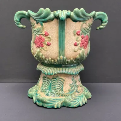 Antique Majolica Footed Floral Planter 