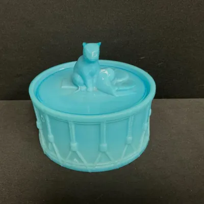 Portieux Vallerysthal Blue Opaline Milk Glass Cat On A Drum