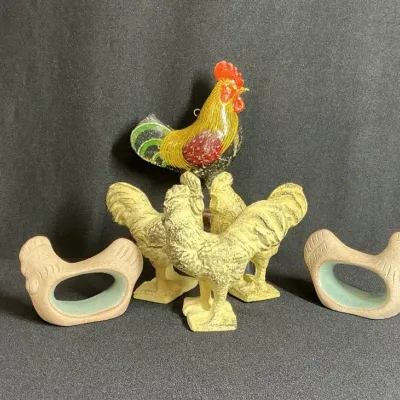 Cast Iron Roosters, Pottery Napkin Rings, Hand Painted Rooster Ornament