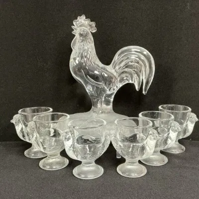 Lead Crystal Rooster And Vintage Glass Chicken Egg Cups