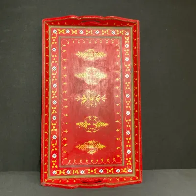 Hand-Painted Red Wooden Serving Tray 