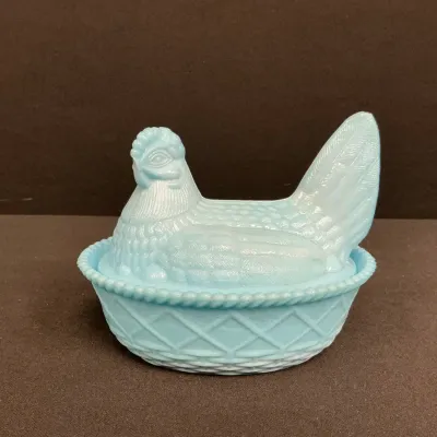 Westmoreland, Blue Milk Glass Nesting Hen Covered Dish
