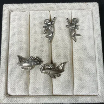 Sterling Silver Screw-on Earrings Fish & Cherubs *