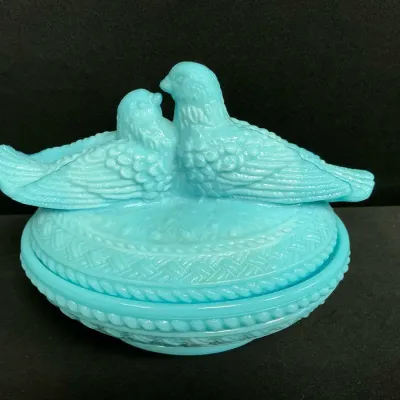 Westmoreland Blue Satin Glass Lovebirds Dish