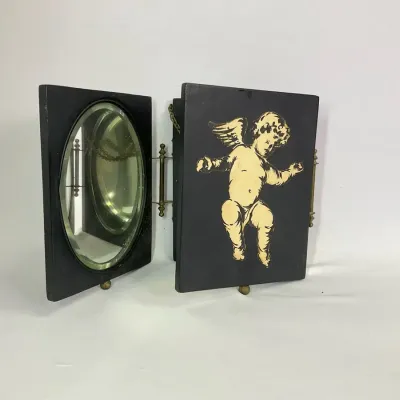 Victorian Tri-Fold Wood & Beveled Glass Shaving Mirror