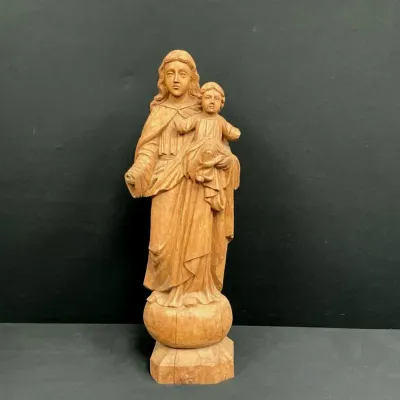 Hand Carved Wooden Madonna & Child Sculpture 