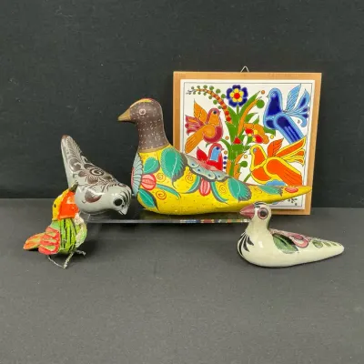 Mexican Clay Bird And Other Bird Sculptures