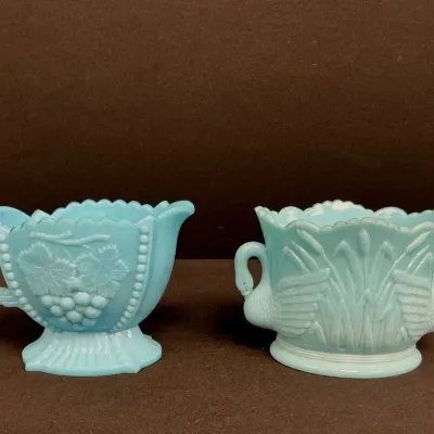 Westmoreland Blue Milk Glass Sugar Bowl & Creamer