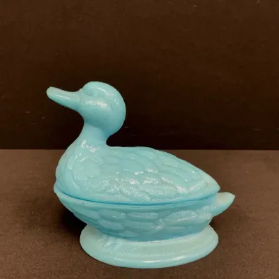 Portieux Vallerysthal, Blue Milk Glass Duck Covered Dish