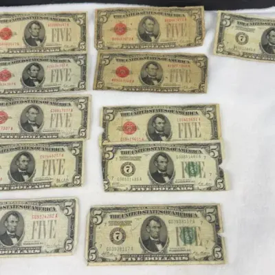Vintage Series 1953 and 1963 United States $5 Legal Tender Notes featuring distinctive red seals and