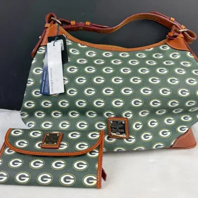 Dooney & Bourke Green Bay Packers Hobo Bag and Continental Clutch featuring an all-over green-and-wh