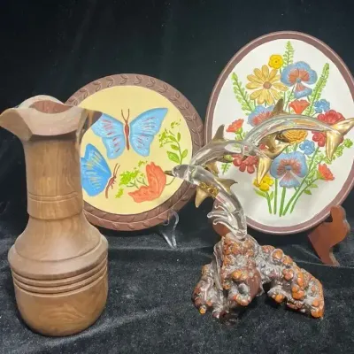 Carved Wood And Vintage Pottery 
