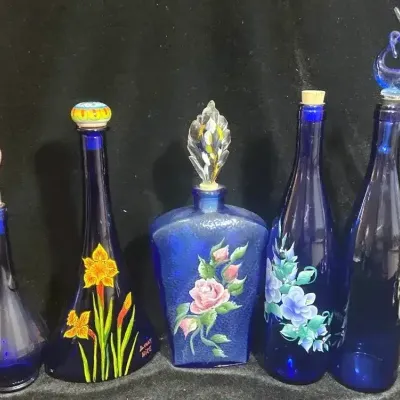 Hand Painted Blue Glass Bottles 