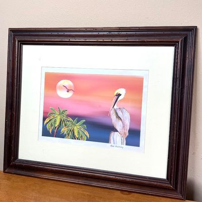 Framed Pelican at Sunset Print by Anne Beverley 