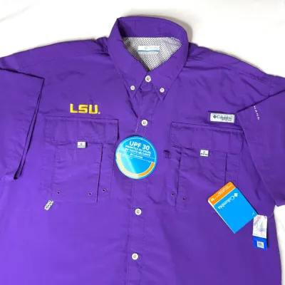 Men’s Purple Columbia PFG Omni-Shade LSU Tigers Short Sleeved Shirt Sz Med. 