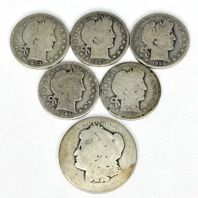 5 Barber Silver Half Dollars and 1 Morgan Silver Dollar 