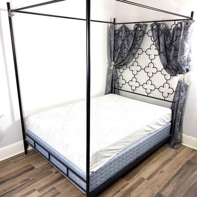 Full Size Four Post Quatrefoil Metal Canopy Bed Frame with Mattress Included 