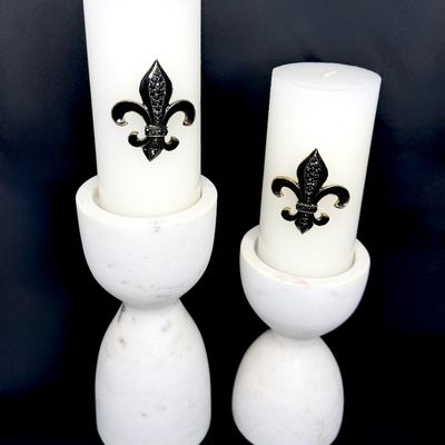 Set of Two Nicole Miller Marble Candle Holders with White Calvin Klein Candles 