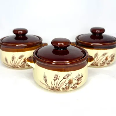Vintage Set of 3 Ceramic Lidded Country Wheat Onion Soup Bowls 