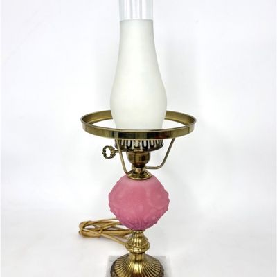 Vintage Fenton Pink Floral Hurricane Lamp 