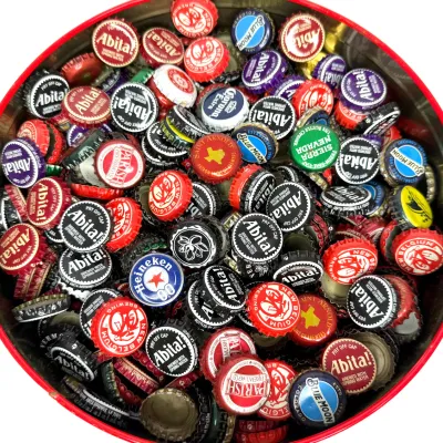 Vintage Lg Cookie Tin Full of Bottle Tops For Projects - Abita Beer, New Belgium 