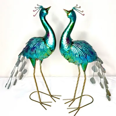 Pair of Iridescent Metal Peacock Sculptures 