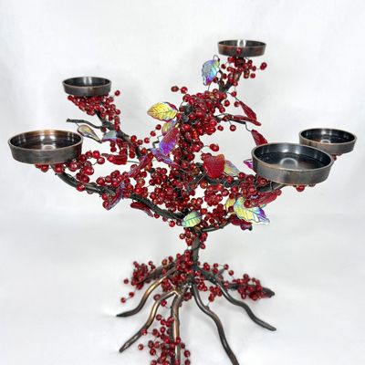 Red Beaded Wire Tree Candelabra Sculpture 