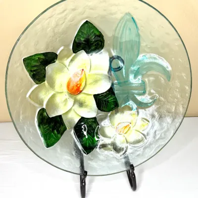 Extra Large Hand Painted Hammered Glass Bowl - Magnolia and Fleur De Lis Design 