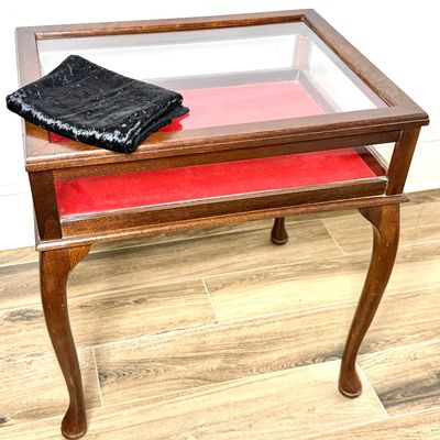 Wood Lift Glass Door Curio Display Table with Felt Bottom and Extra Black Liner 